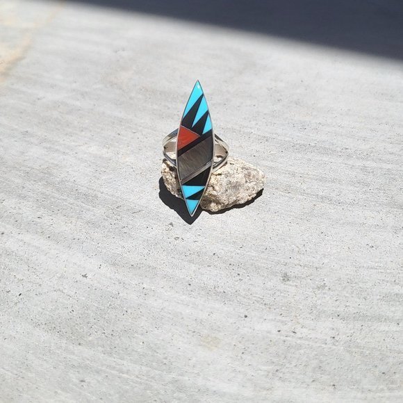 Zuni Multi Stones Diamond Shape Sterling Silver Native American Jewelry Sz 6.5US - Picture 11 of 13